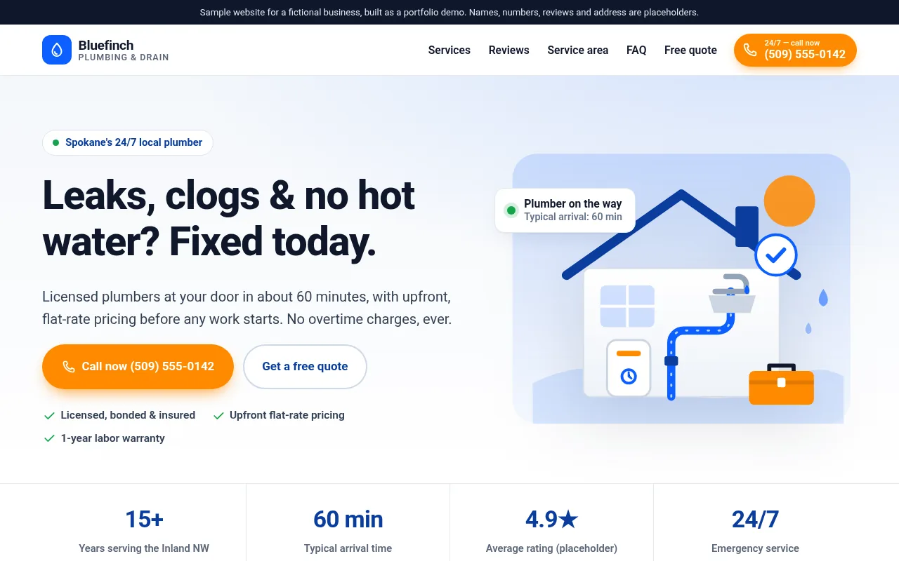 Desktop view of the Bluefinch Plumbing & Drain sample website, with a call button and a free quote button